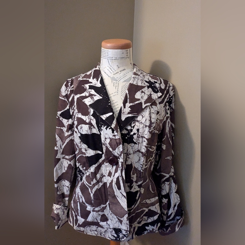 Lightweight Coldwater Creek Suit Jacket Blazer Black White Brown Print 14